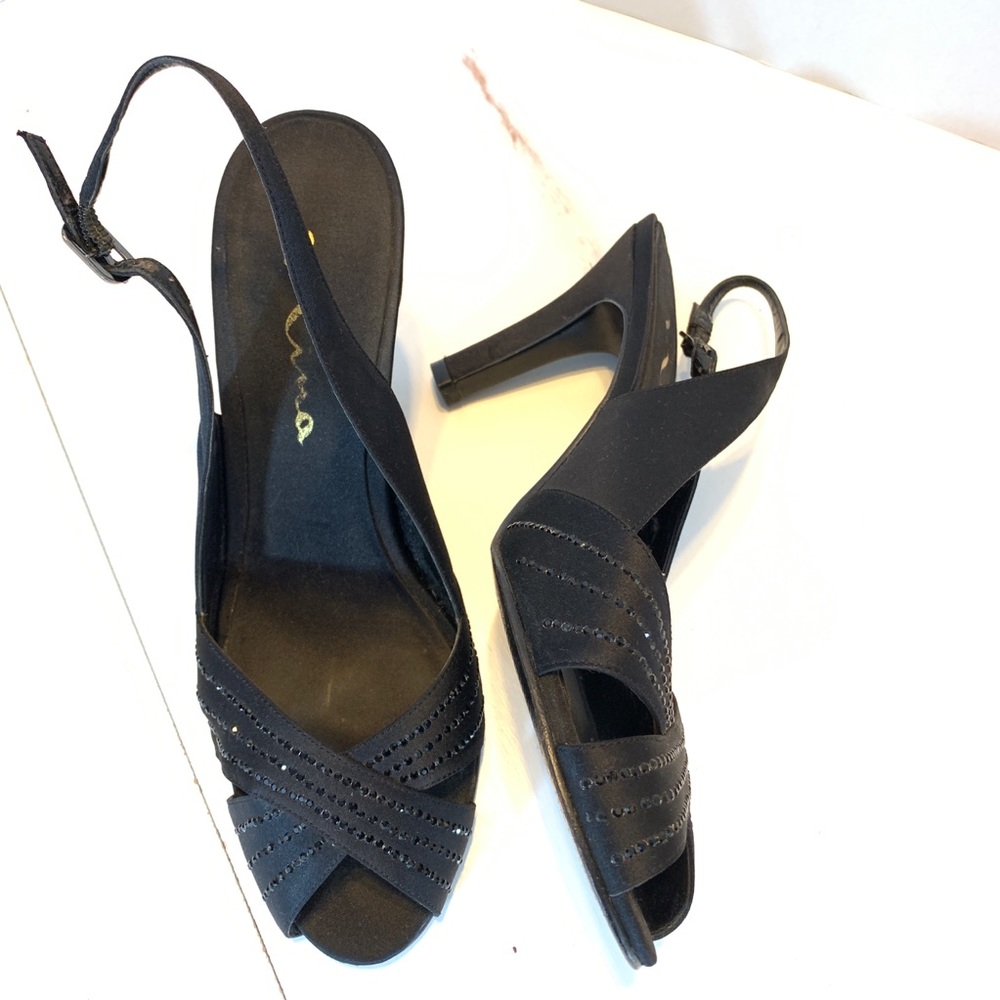 NINA Black Satin Rhinestone Peep Toe Slingback 7.5